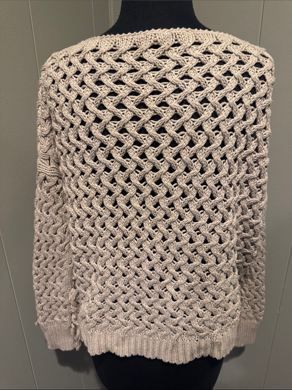 Autumn Cashmere Tan Open-Stitch Cable Knit Sweater. Fringe side seams & underarm - Picture 4 of 5